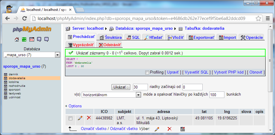 MySQL databáza - dodávatelia