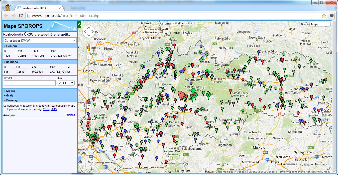 Mapa ceny tepla na Slovensku